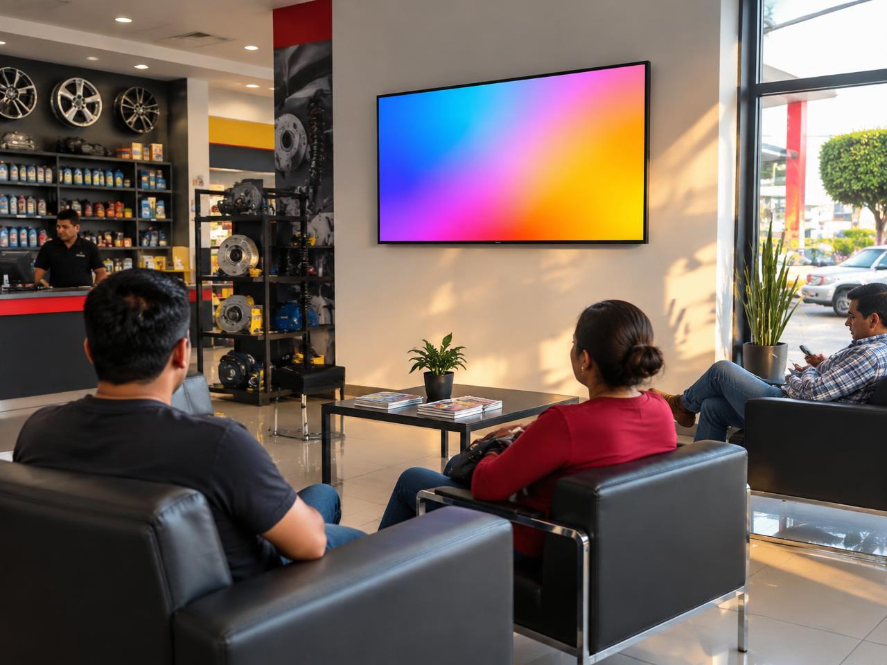 Sala de espera de un negocio con una pantalla digital
